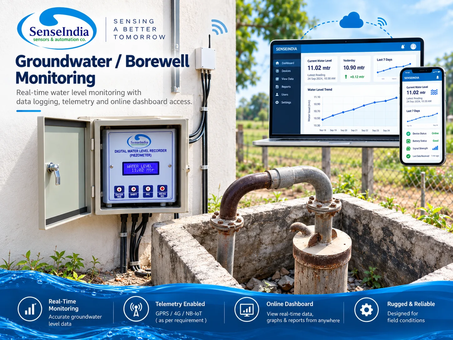 Borewell piezometer water level monitoring with telemetry and online dashboard